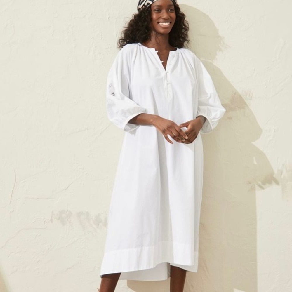 H&M XL White Cotton Kaftan Dress with Embroidered Detail